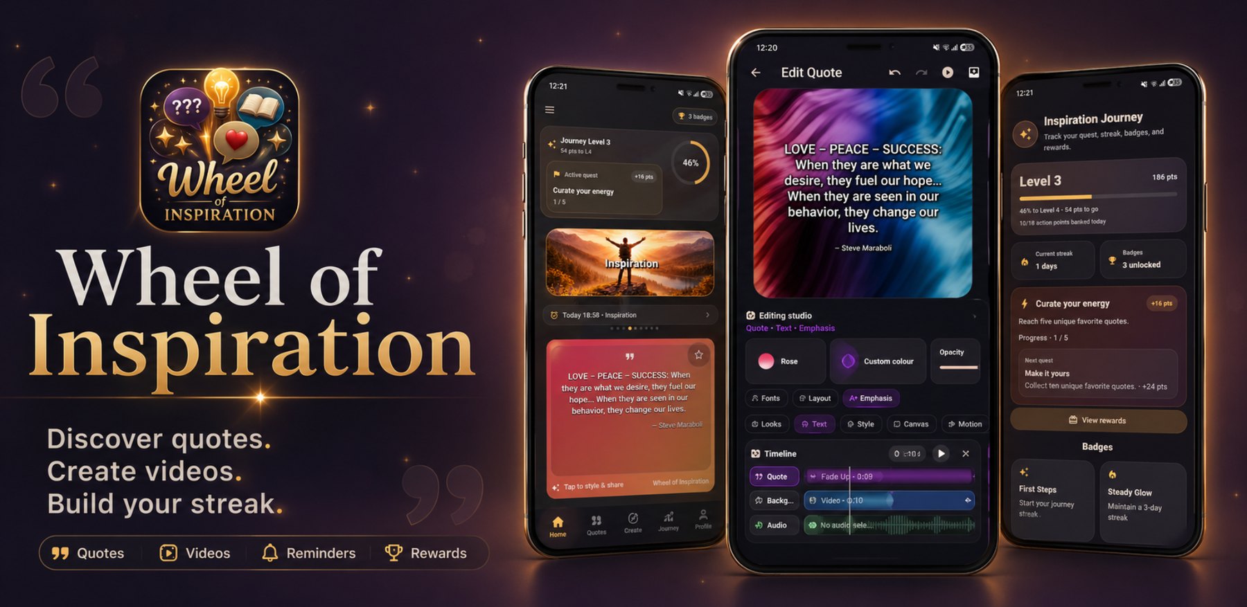 Wheel of Inspiration features across multiple app screens