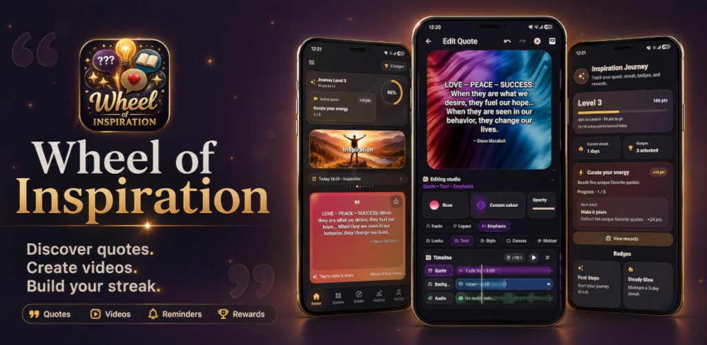 Wheel of Inspiration marketing preview showing quotes, videos and rewards